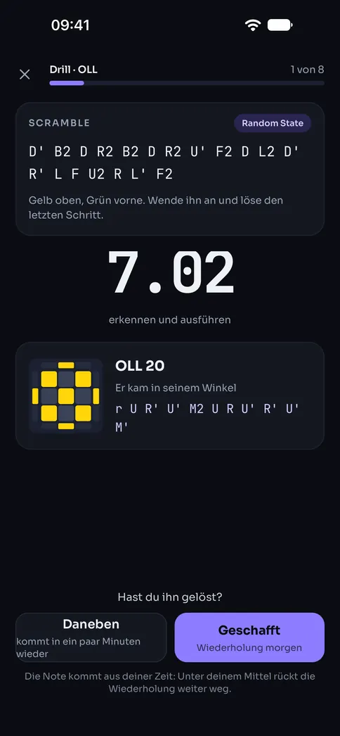 Ein OLL-Drill: der Scramble, deine Zeit und der Fall, den du gerade gelöst hast