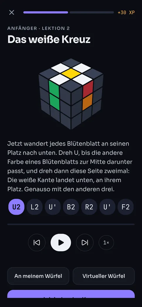 Eine Lektion des Anfängerkurses: das weiße Kreuz, am 3D-Würfel