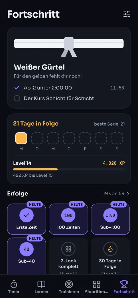 Fortschritt: dein Gürtel, deine tägliche Serie, deine XP und deine Erfolge
