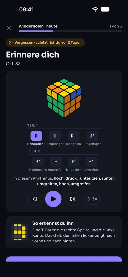 Die Karte „Erinnere dich“ für einen vergessenen Fall: der Algorithmus in Stücken, seine Fingertricks und sein Rhythmus