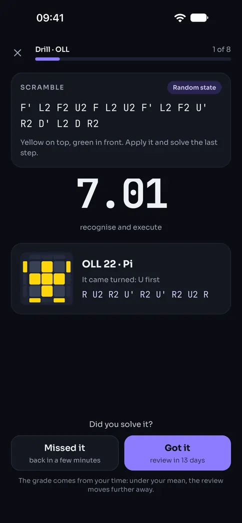 An OLL drill: the scramble, your time and the case you just solved