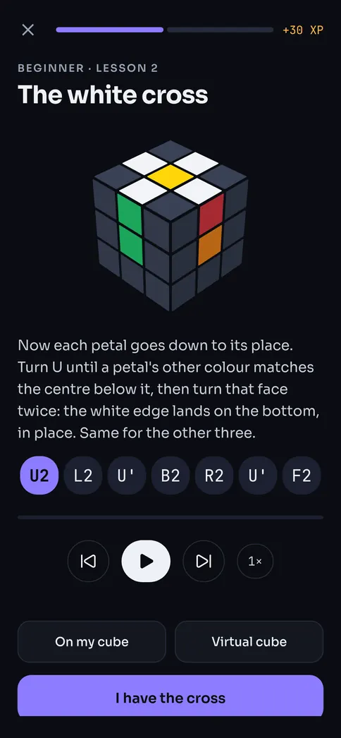 A beginner lesson: the white cross, on the 3D cube