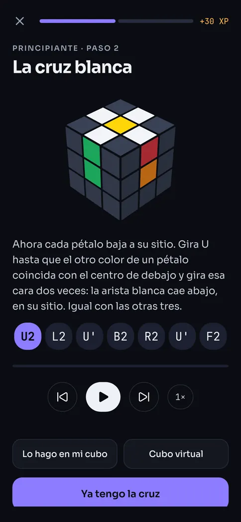 Una lección del curso principiante: la cruz blanca, con el cubo en 3D