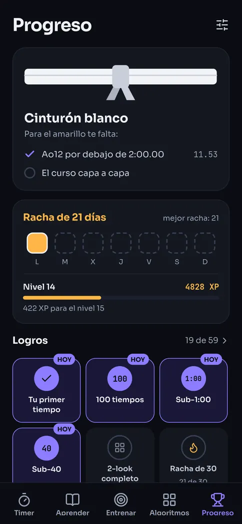 Progreso: tu cinturón, tu racha diaria, tu XP y tus logros