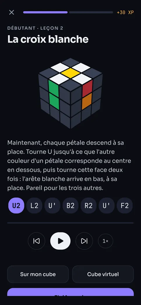 Une leçon du cours débutant : la croix blanche, avec le cube en 3D