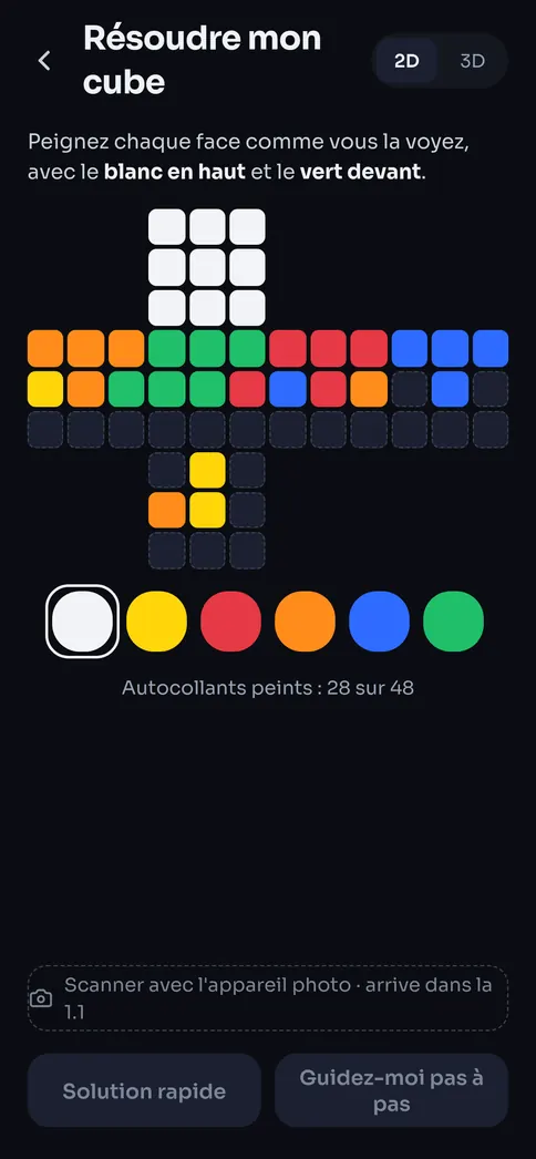 Le solveur : les faces du cube à colorier telles que vous les voyez pour obtenir la solution