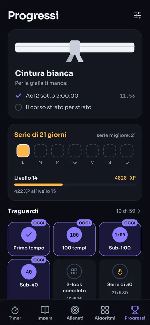 Progressi: la tua cintura, la tua serie giornaliera, i tuoi XP e i tuoi traguardi