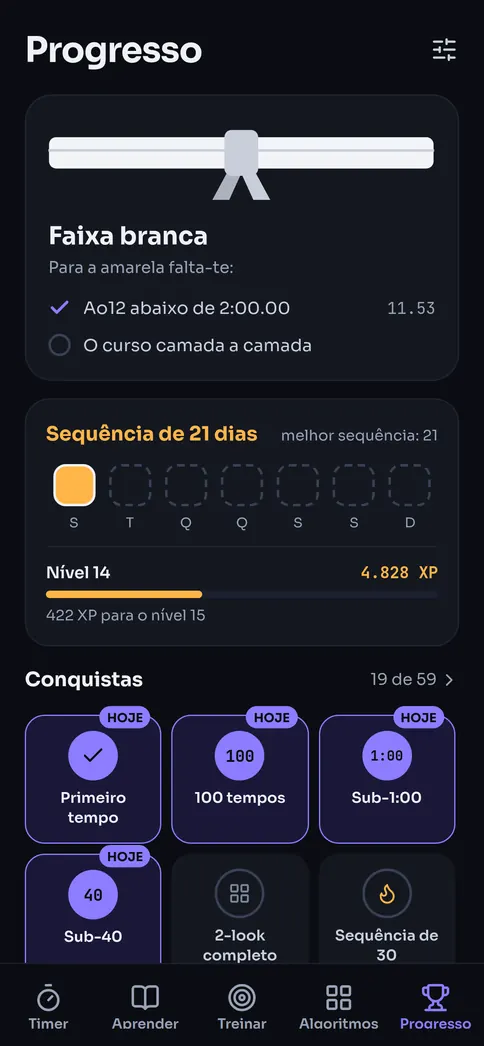 Progresso: sua faixa, sua sequência diária, seu XP e suas conquistas